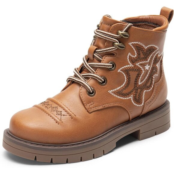 Boys Kids Brown Combat Ankle Cowboy Western Embroidered Side Zipper Booties - Picture 1 of 6